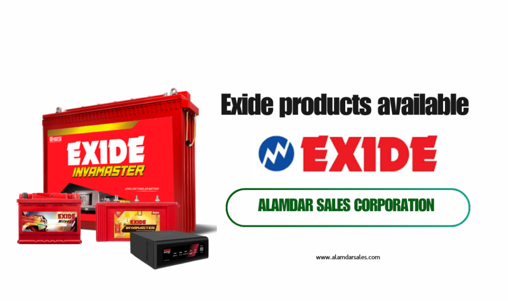 Range of Exide products available, including automotive batteries, inverter batteries, and solar power solutions.